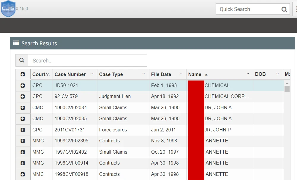 A screenshot from the Criminal Justice Information System (CJIS) shows the list of case information, including the court, case type file date, and subject's name and DOB.