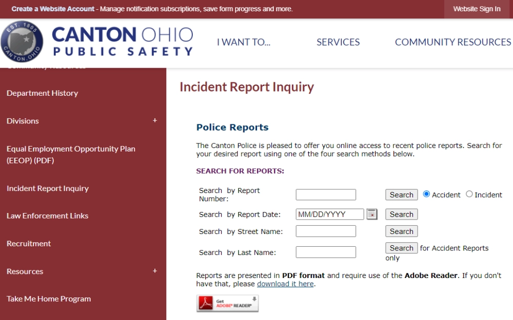 A screenshot of the Incident Report Inquiry page from Canton Ohio Public Safety website showing the available options to access recent police reports such as searching by report no., report date, street name and last name; the department's logo at the top left corner.