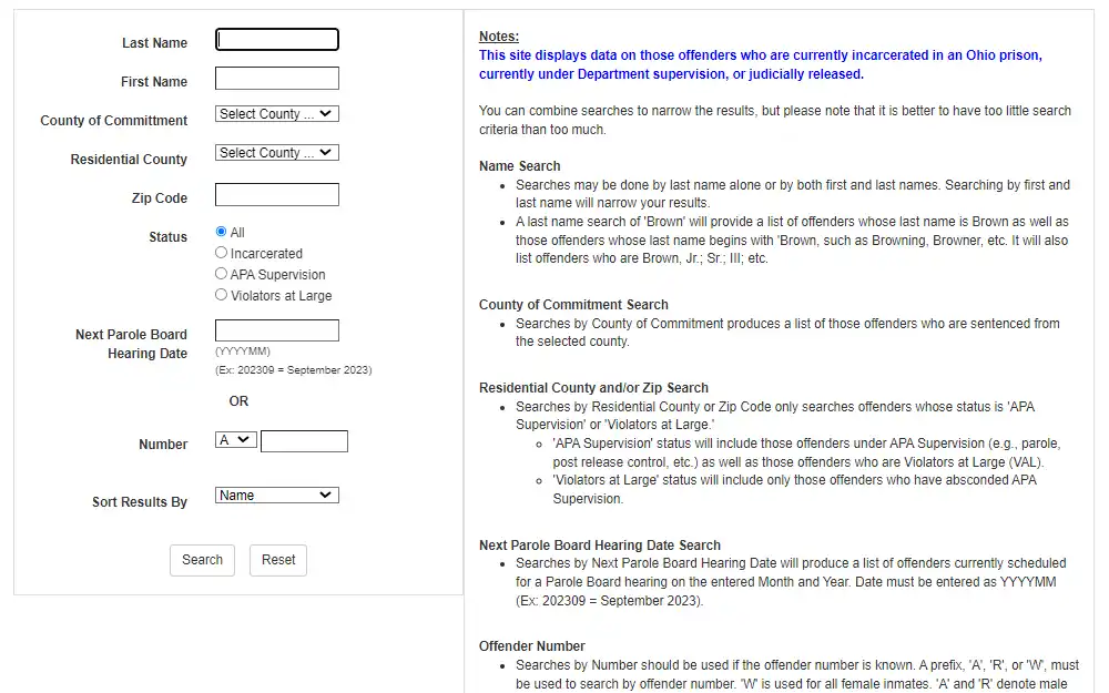 A screenshot of the Ohio Department of Rehabilitation & Correction's website displays the required search fields with notes and instructions for each search type.