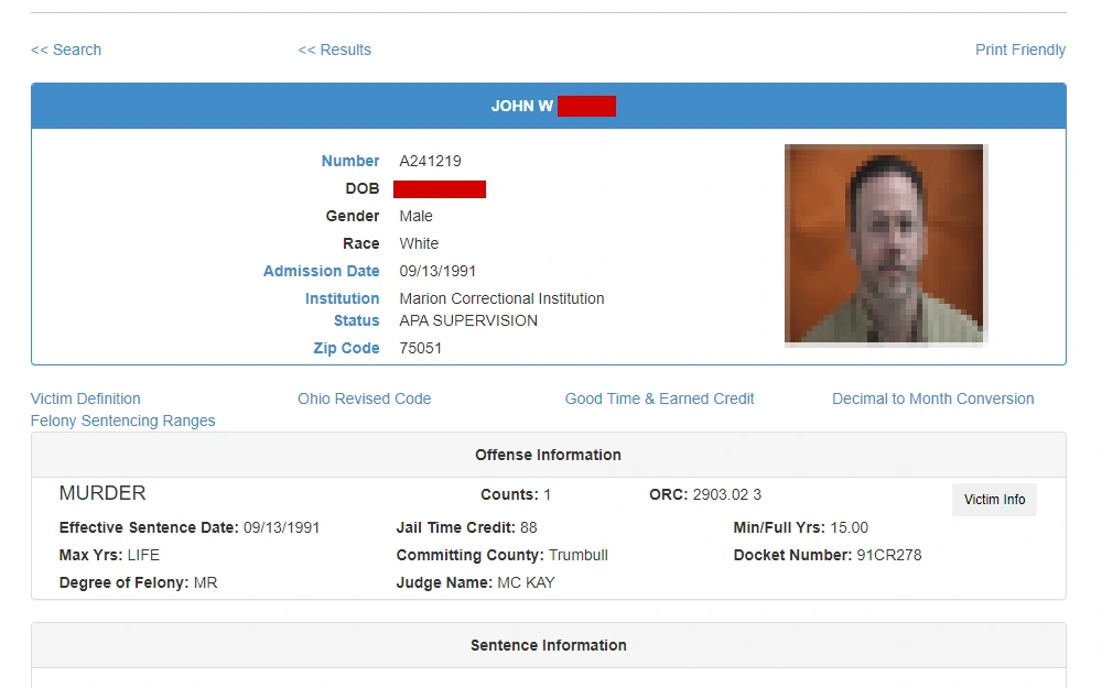 A screenshot of the search results from an offender search on the Ohio Department of Rehabilitation Correction page showing the inmate's details such as full name, inmate no., gender, race, admission date, institution, status and zip code, information on the offense committed by the inmate, as well as a mugshot.