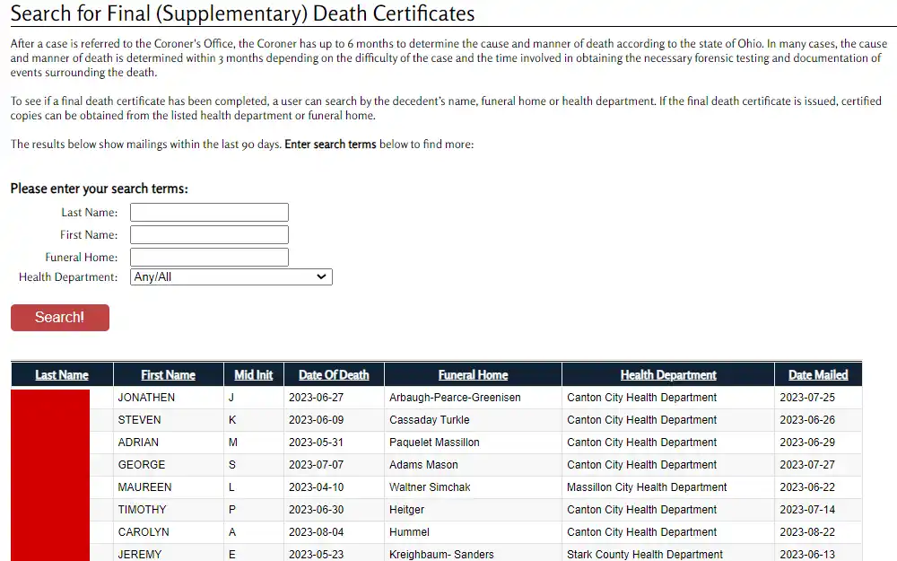 A screenshot of the Stark County search page for final (supplementary) death certificates where the searcher must input the subject's name and funeral home and select health department from the dropdown box; the death information list is under the search bar.