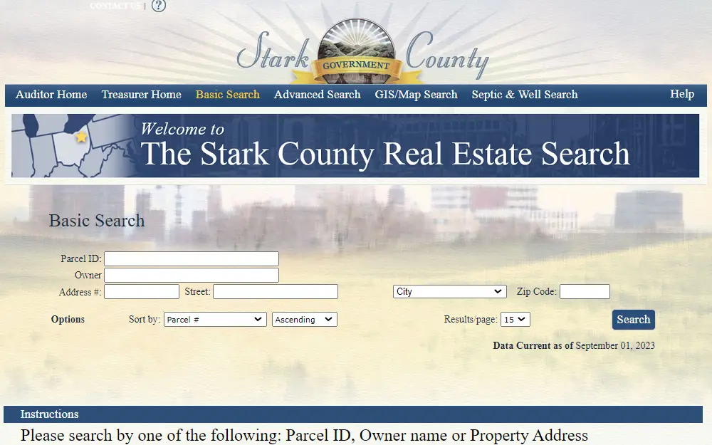 A screenshot of the Stark County Real Estate Search page's basic search, where the user inputs the parcel ID, owner, address, and sort options and can select the number of results per page.