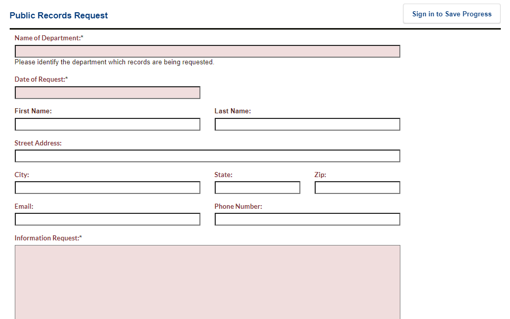 Screenshot of the public records online request form for Canton City, Ohio, displaying the input fields provided for the name of department, date of request, name of requester, address, email, phone number, and information about the request.