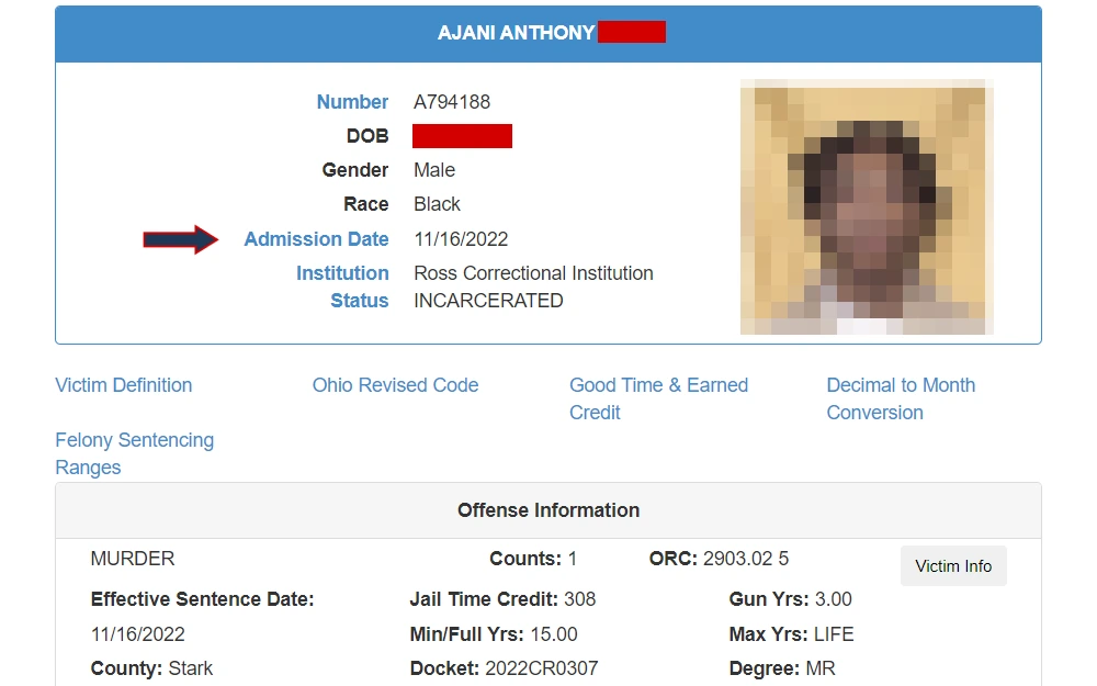 A screenshot of an offender's details from the Ohio Department of Rehabilitation and Correction displays the following information: name, inmate number, date of birth, gender, race, admission date, institution, status, and offense information.