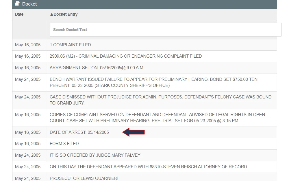 A screenshot from the Stark County Criminal Justice Information System website displays the docket section where the dates and corresponding descriptions of events are laid out, with the date of arrest emphasized with an arrow.