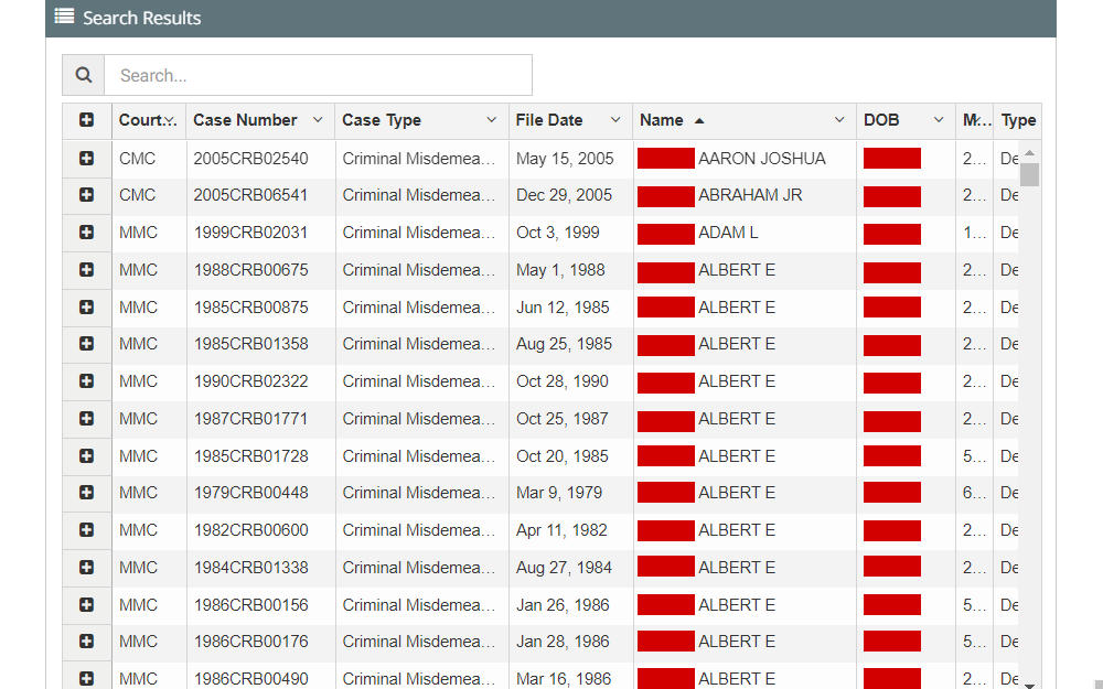 A screenshot from the Criminal Justice Information System of Stark County lists the case search results in table form with the following details: court, case number, case type, file date, name, date of birth, most severe charge, and party type.