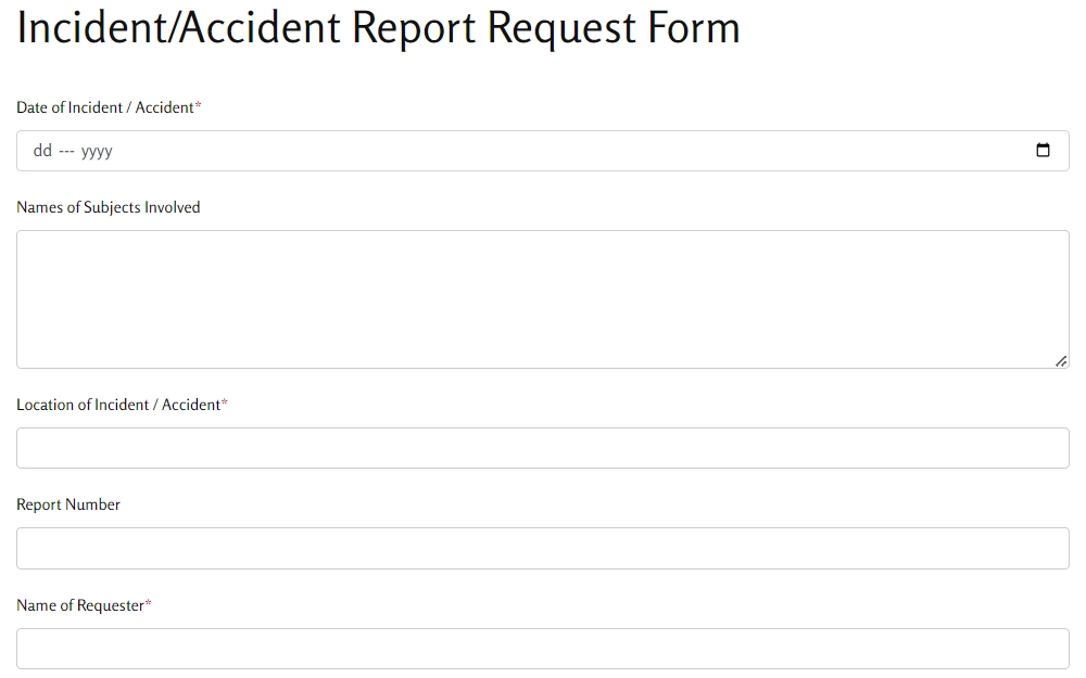 A screenshot of the incident and accident report request form from the Stark County Sheriff's Office provides fields for the date of the incident or accident, names of the subjects involved, location, report number, and name of the requester, among others.