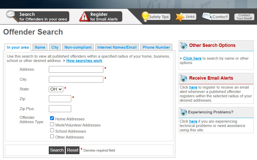 A screenshot of the offender search tool from the Ohio Attorney General displays the input fields under the "in your area" tab, including the address, city, state, zip code, and options for offender type, with other tabs available for name, city, non-compliant, internet names or email, and phone number.