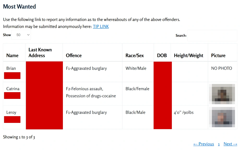 A screenshot of the Most Wanted offenders listing information such as name, last known address, race, sex, date of birth, height, weight and picture from the Stark County Sheriff's Office website.