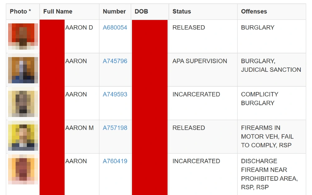 A screenshot from the Ohio Department of Rehabilitation & Corrections shows offender search results, including photo, full name, number, birth date, status and offenses.