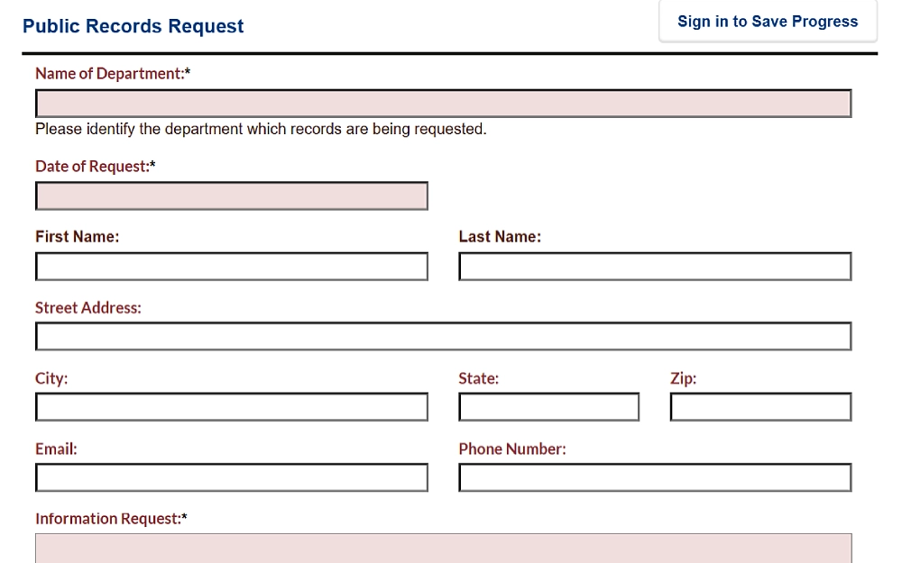 A screenshot displaying an online public records request form with details to be filled in, such as the name of the department, date of request, first name, last name, street address, city, state, email, phone number and the information requested from the Canton City Hall website.